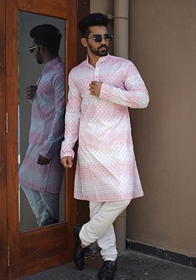 Pink Embroidered Cotton Kurta Set For Men