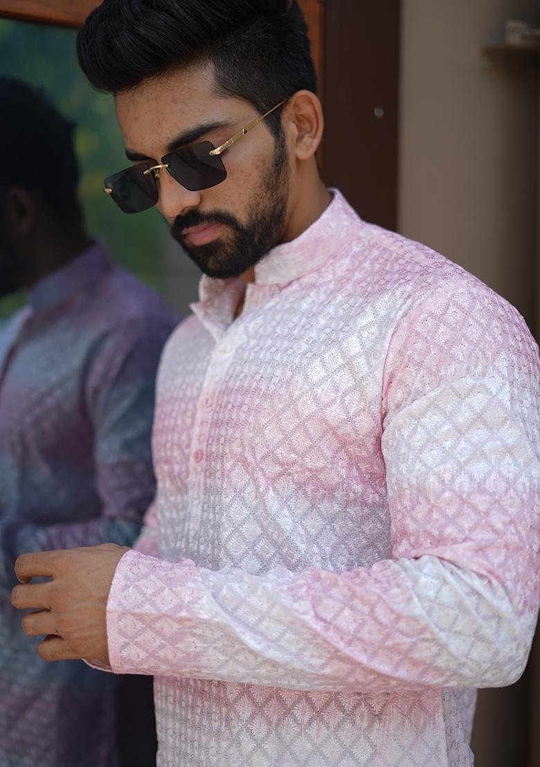 Pink Embroidered Cotton Kurta Set For Men