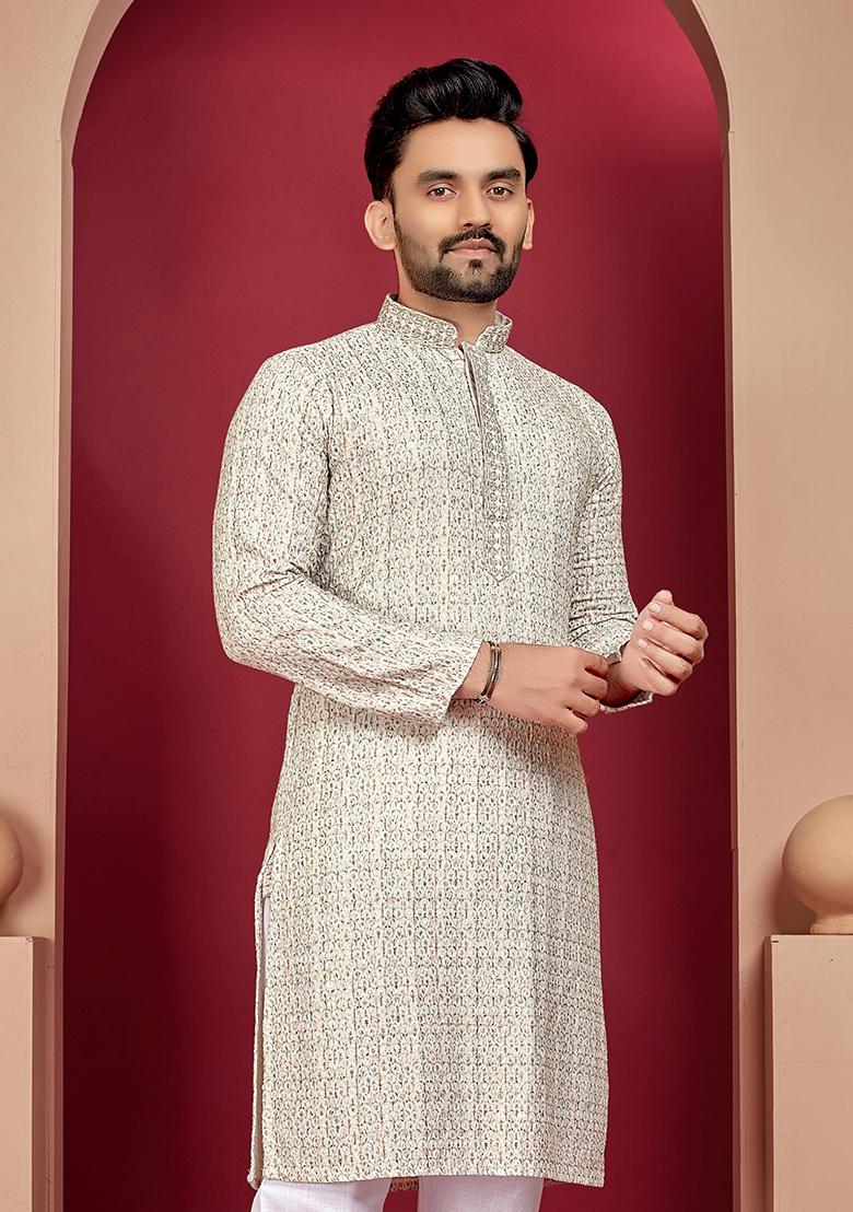 Off White Digital Print Rayon Kurta Set For Men