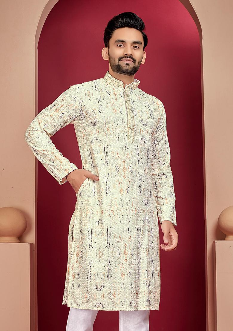 Yellow Digital Print Rayon Kurta Set For Men