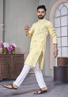 Yellow Embroidered Royal Linen Kurta Set For Men