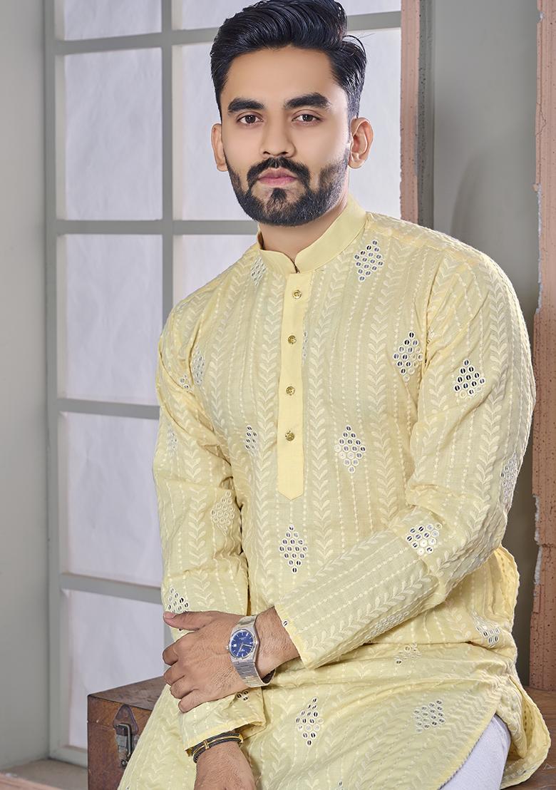 Yellow Embroidered Royal Linen Kurta Set For Men