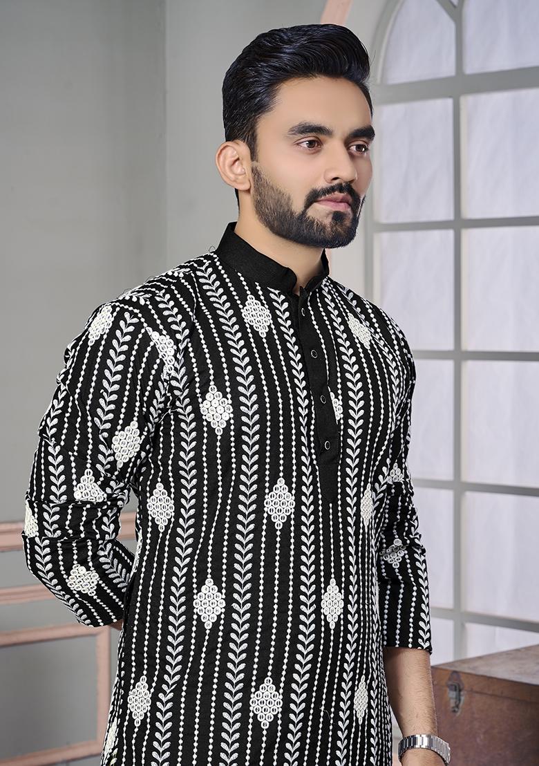 Black Embroidered Royal Linen Kurta Set For Men