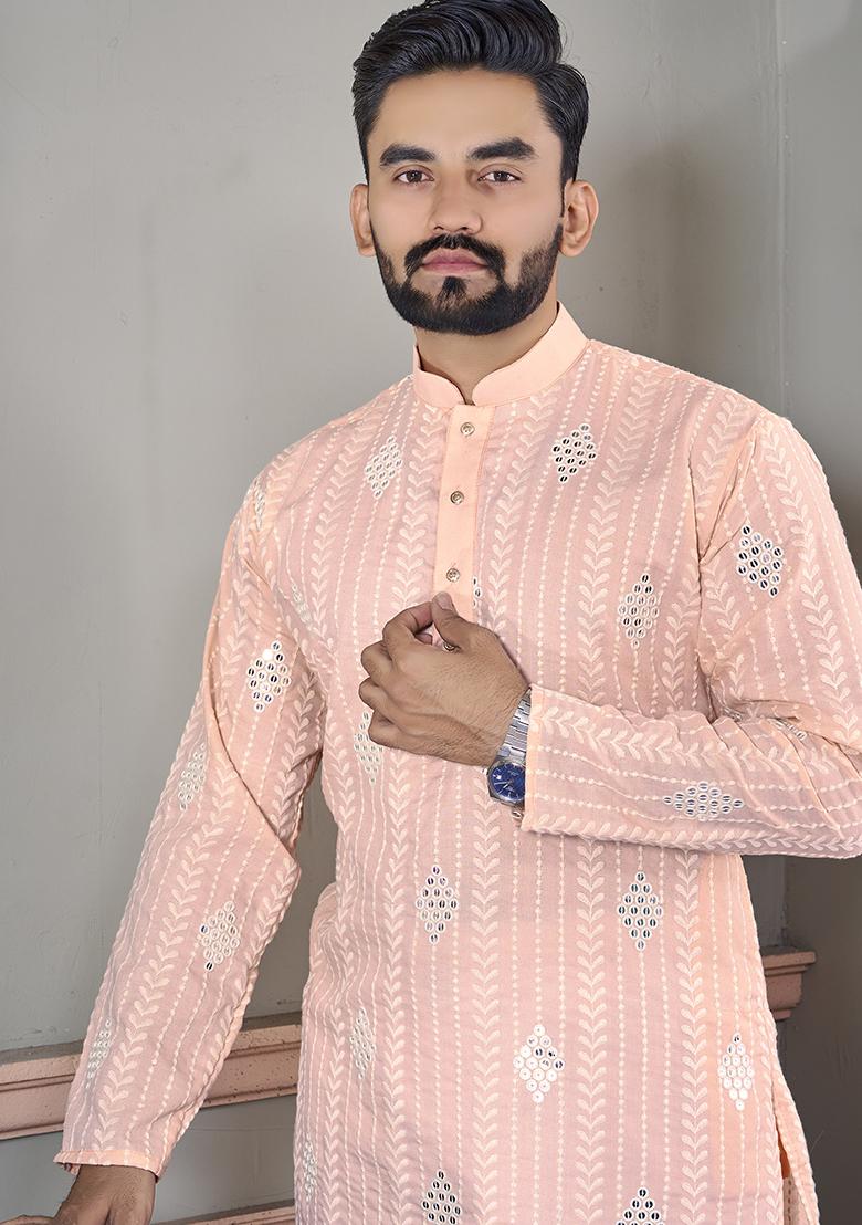 Peach Embroidered Royal Linen Kurta Set For Men