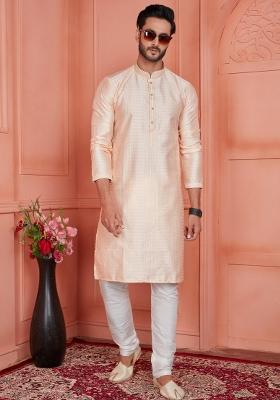 Peach Pintux Work Jacquard Kurta Set For Men