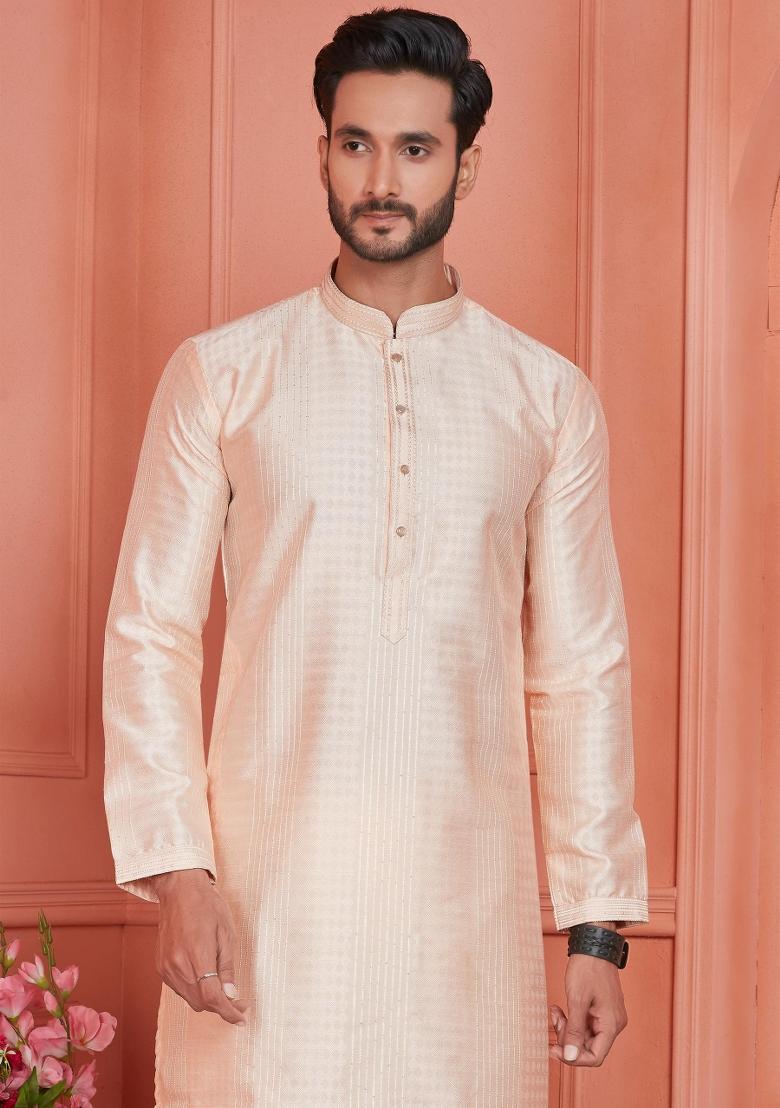 Peach Pintux Work Jacquard Kurta Set For Men