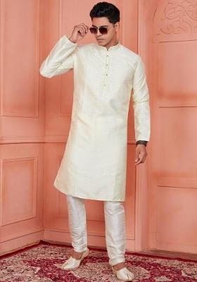 Lemon Yellow Pintux Work Jacquard Kurta Set For Men