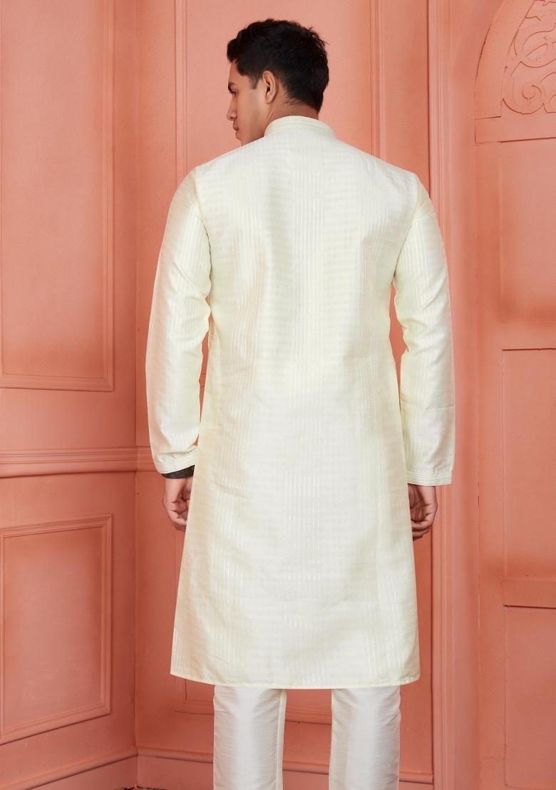 Lemon Yellow Pintux Work Jacquard Kurta Set For Men