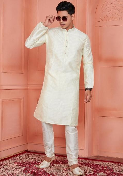 Lemon Yellow Pintux Work Jacquard Kurta Set For Men
