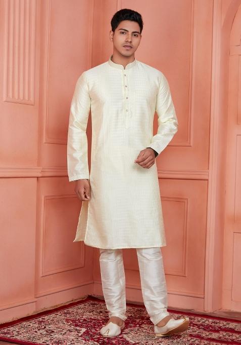 Lemon Yellow Pintux Work Jacquard Kurta Set For Men