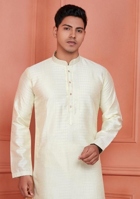 Lemon Yellow Pintux Work Jacquard Kurta Set For Men