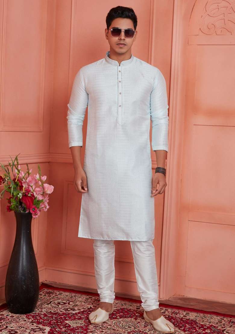 Off White Pintux Work Jacquard Kurta Set For Men - Indya