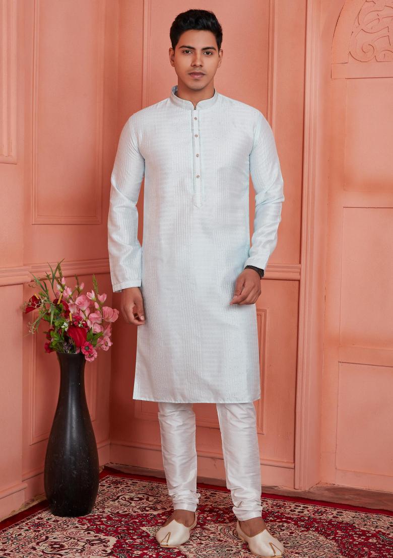 Off White Pintux Work Jacquard Kurta Set For Men