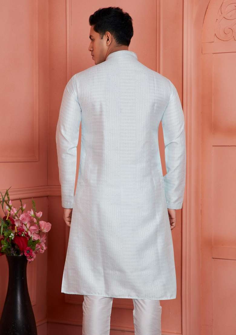 Off White Pintux Work Jacquard Kurta Set For Men - Indya
