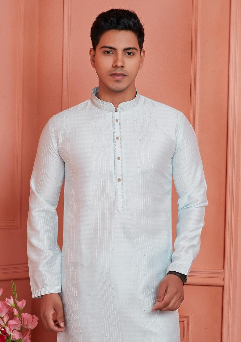 Off White Pintux Work Jacquard Kurta Set For Men