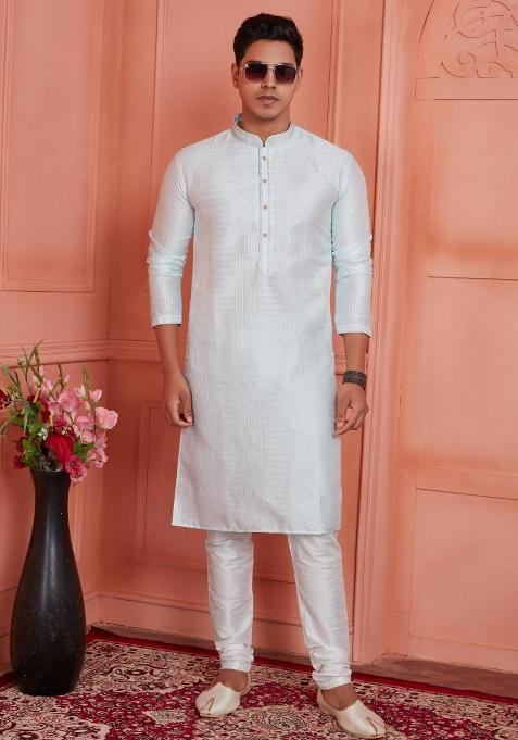 Off White Pintux Work Jacquard Kurta Set For Men — view on Indya