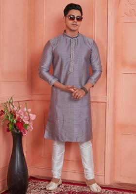 Grey Pintux Work Jacquard Kurta Set For Men