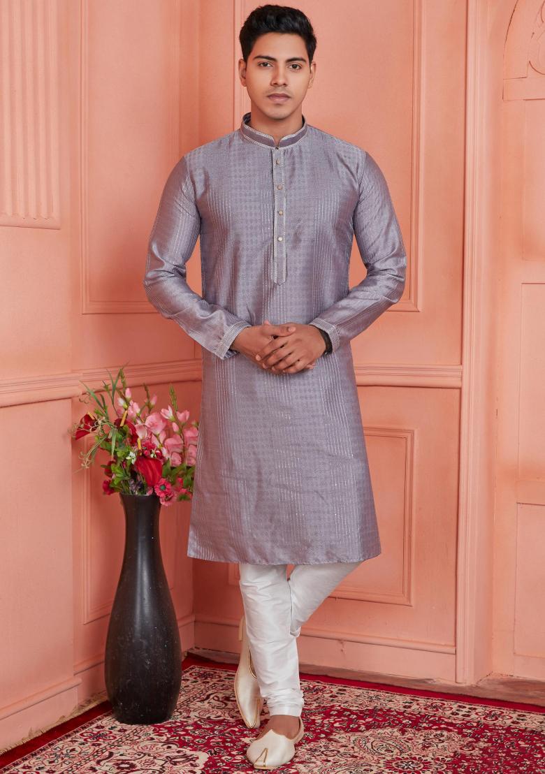 Grey Pintux Work Jacquard Kurta Set For Men