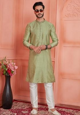 Green Pintux Work Jacquard Kurta Set For Men