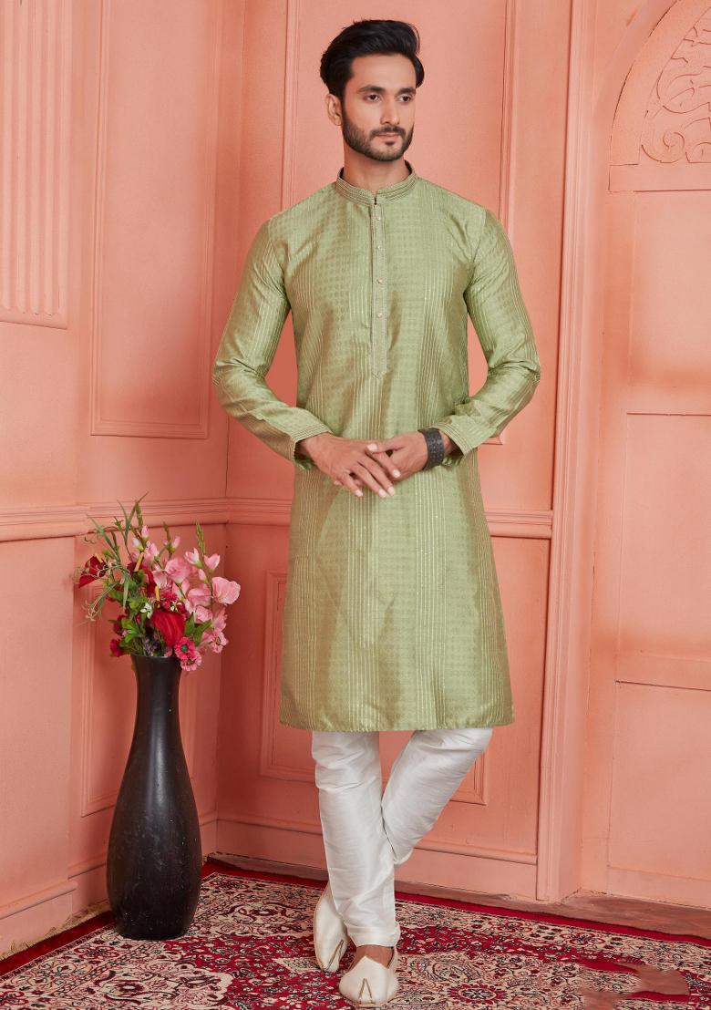 Green Pintux Work Jacquard Kurta Set For Men