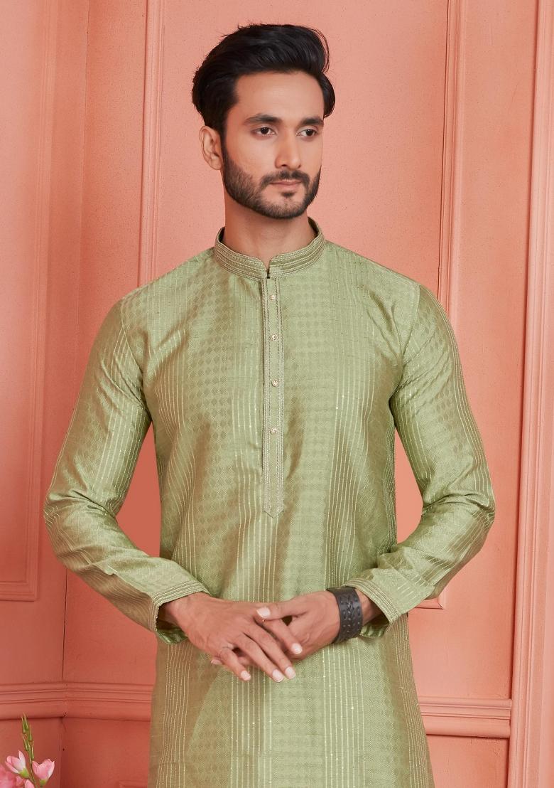 Green Pintux Work Jacquard Kurta Set For Men