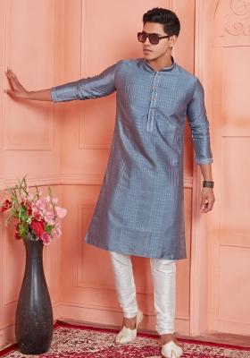 Grey Pintux Work Jacquard Kurta Set For Men