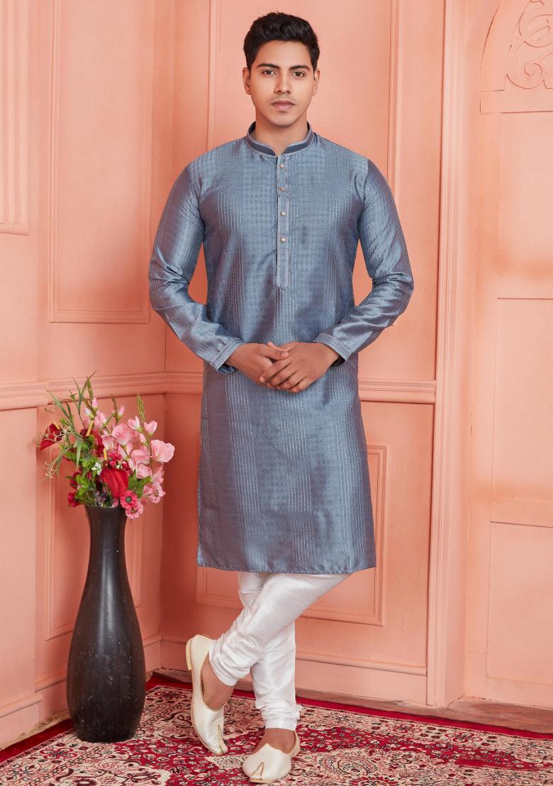 Grey Pintux Work Jacquard Kurta Set For Men
