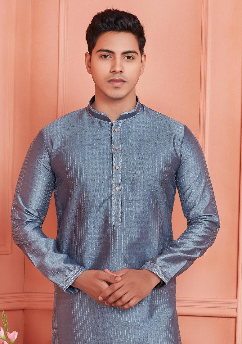 Grey Pintux Work Jacquard Kurta Set For Men