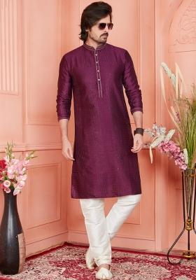 Magenta Pintux Work Jacquard Kurta Set For Men