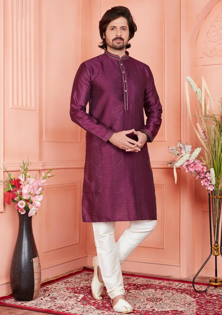 Magenta Pintux Work Jacquard Kurta Set For Men