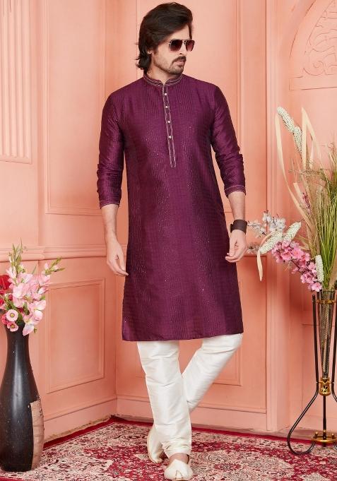 Magenta Pintux Work Jacquard Kurta Set For Men