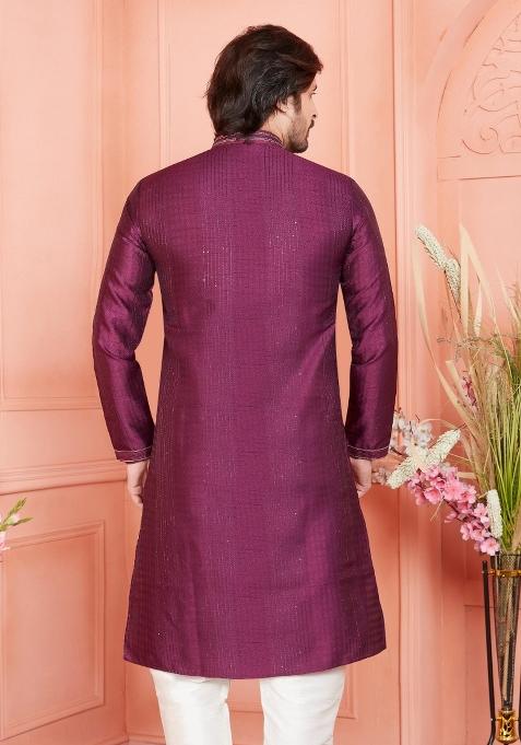 Magenta Pintux Work Jacquard Kurta Set For Men