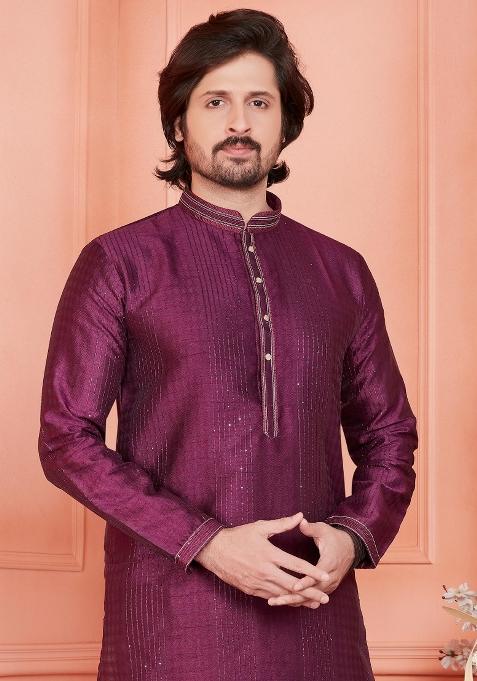 Magenta Pintux Work Jacquard Kurta Set For Men