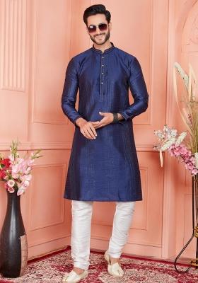 Blue Pintux Work Jacquard Kurta Set For Men