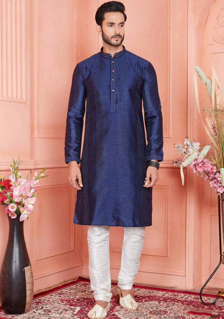 Blue Pintux Work Jacquard Kurta Set For Men