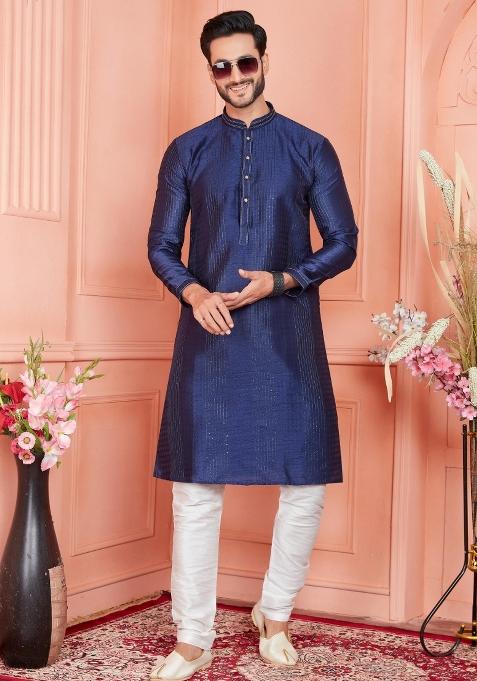 Blue Pintux Work Jacquard Kurta Set For Men