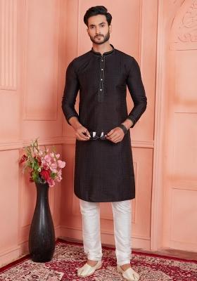 Black Pintux Work Jacquard Kurta Set For Men