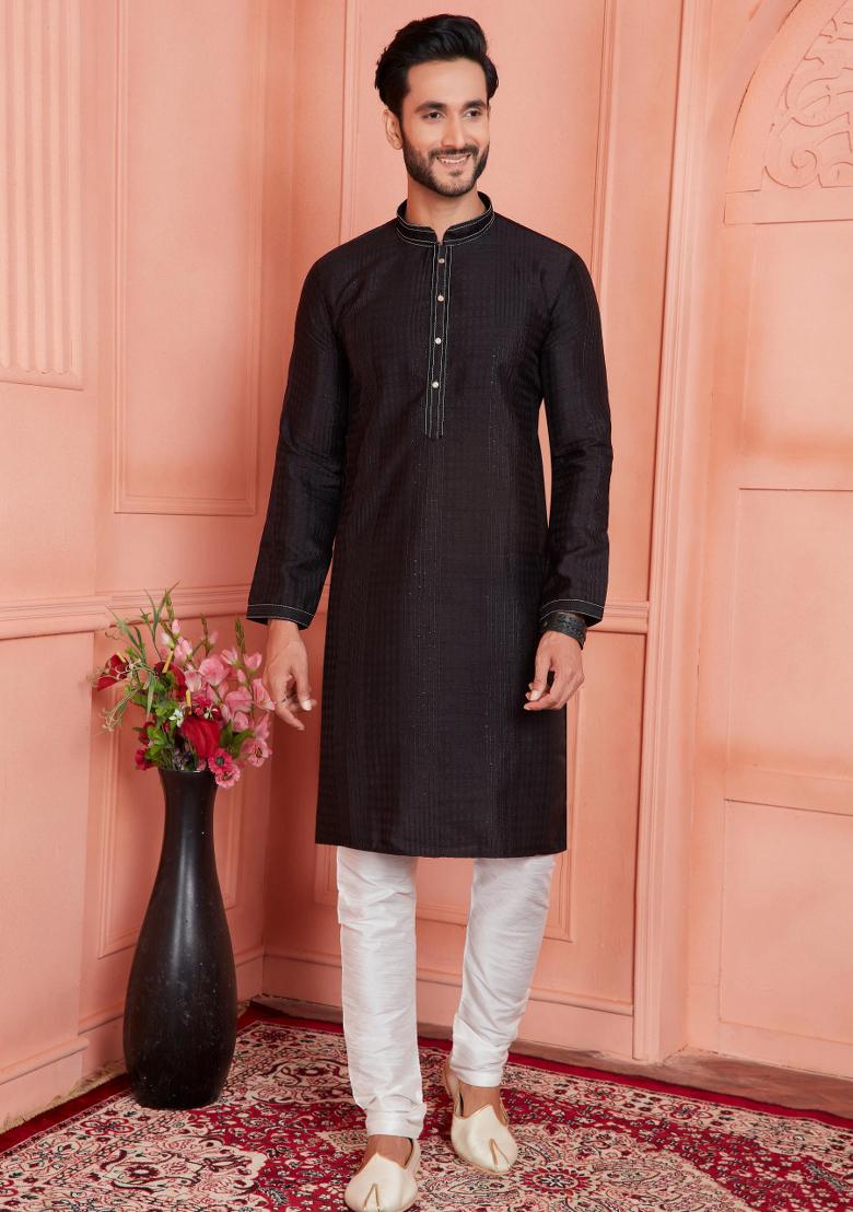 Black Pintux Work Jacquard Kurta Set For Men