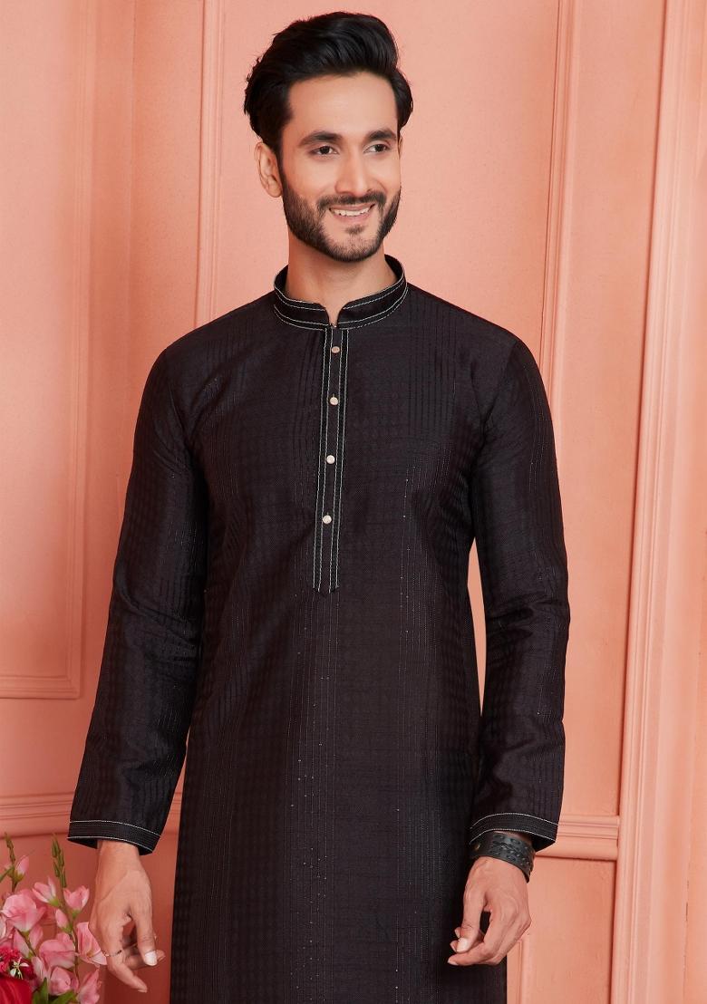 Black Pintux Work Jacquard Kurta Set For Men
