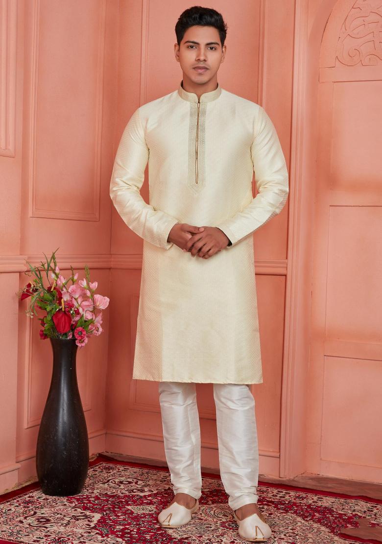 Cream Pintux Work Jacquard Kurta Set For Men