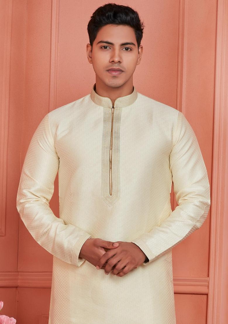 Cream Pintux Work Jacquard Kurta Set For Men