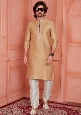 Beige Pintux Work Jacquard Kurta Set For Men