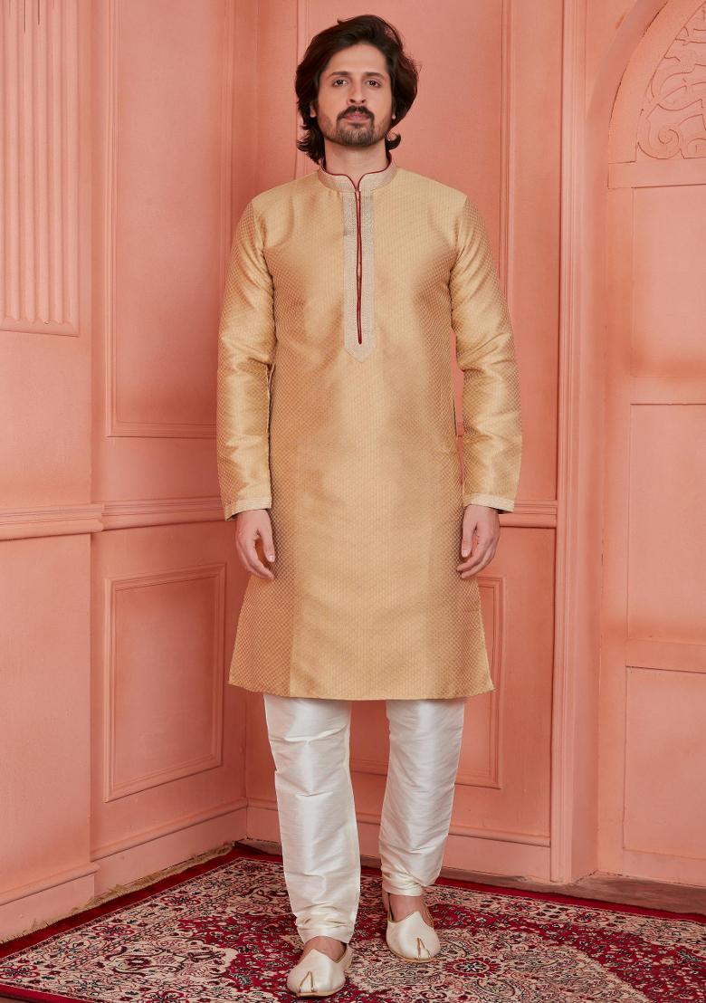 Beige Pintux Work Jacquard Kurta Set For Men