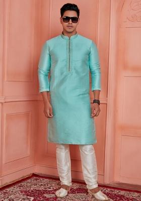 Cyan Blue Pintux Work Jacquard Kurta Set For Men
