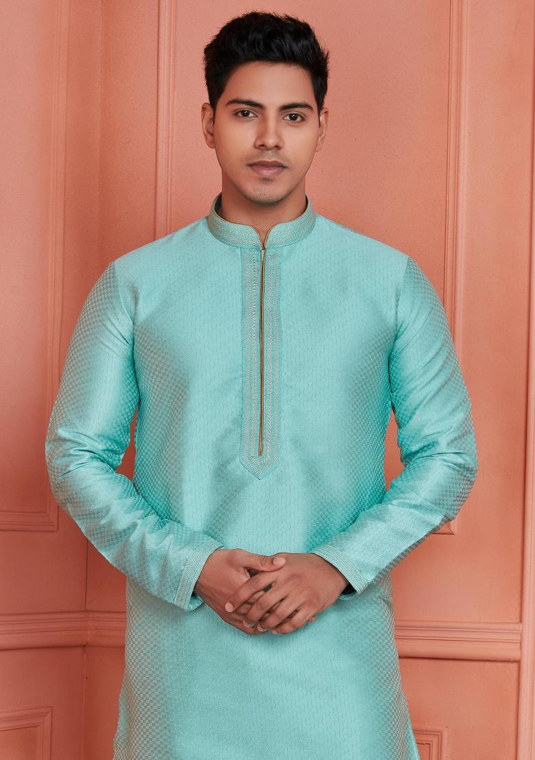 Cyan Blue Pintux Work Jacquard Kurta Set For Men