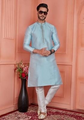 Sky Blue Pintux Work Jacquard Kurta Set For Men
