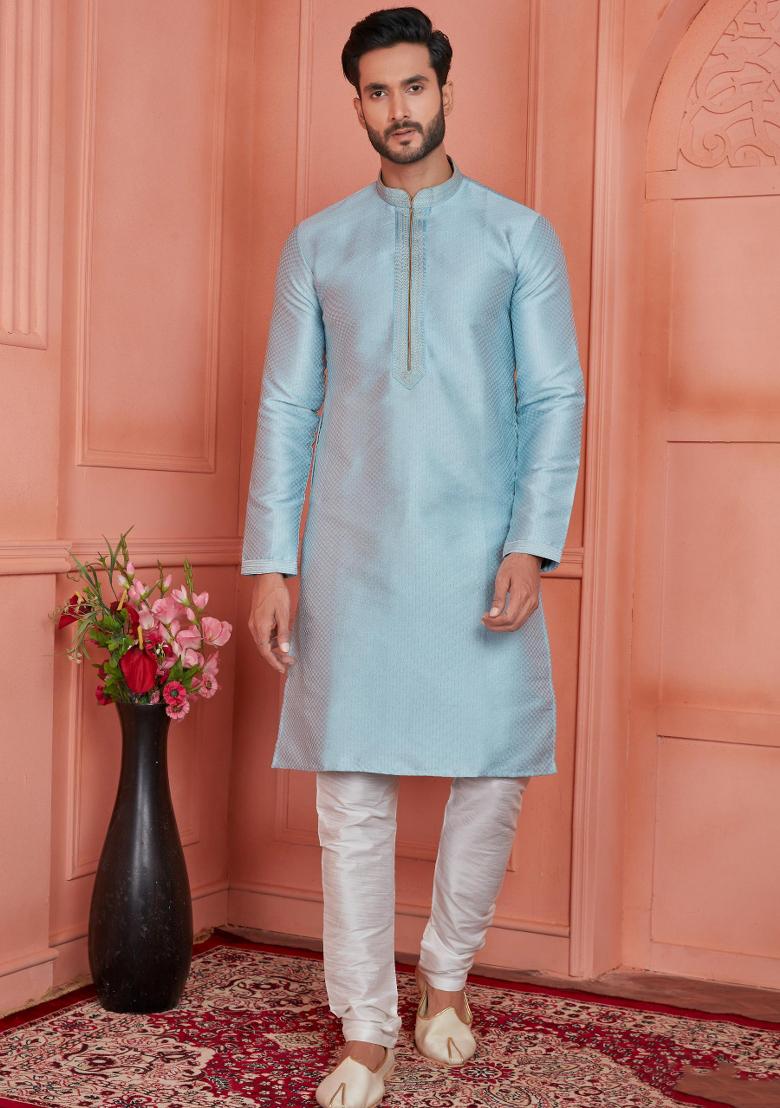 Sky Blue Pintux Work Jacquard Kurta Set For Men