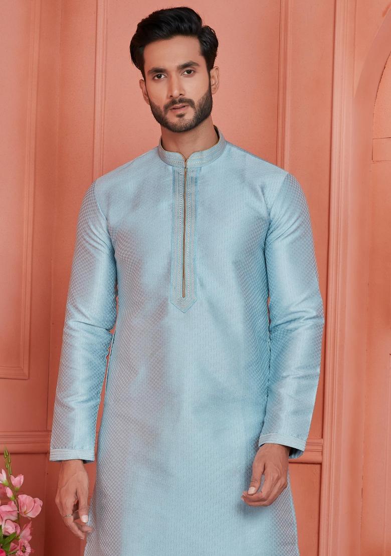 Sky Blue Pintux Work Jacquard Kurta Set For Men