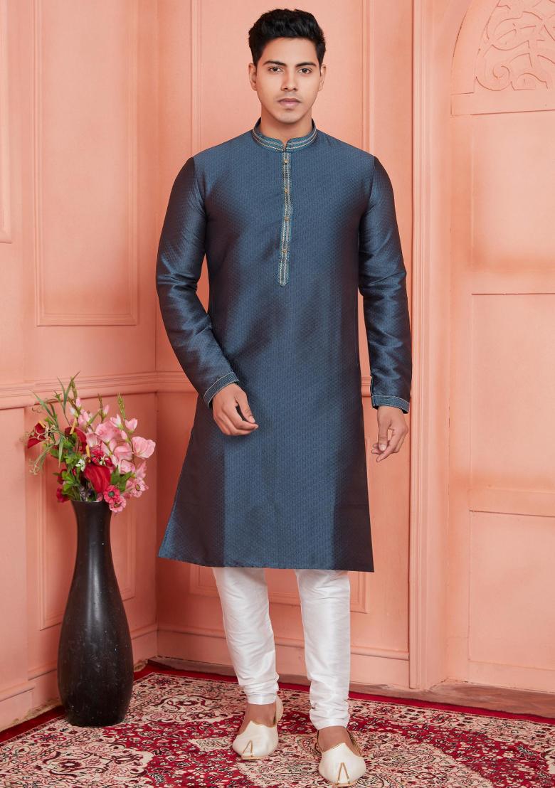 Grey Pintux Work Jacquard Kurta Set For Men