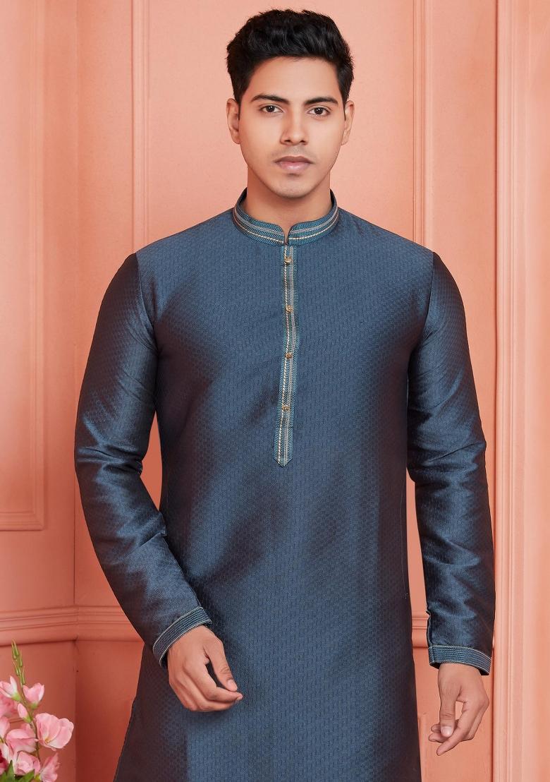 Grey Pintux Work Jacquard Kurta Set For Men